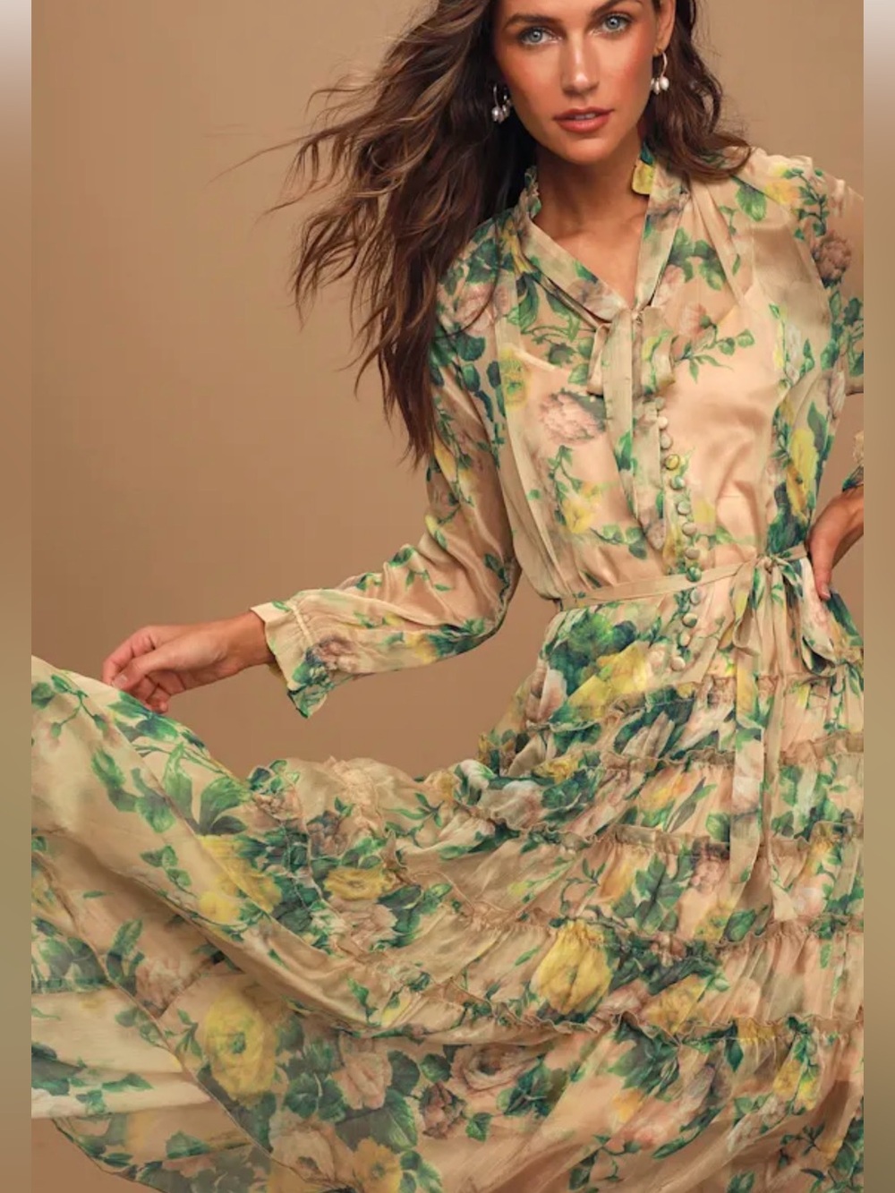 O.P.T Cosmia Beige Floral Print Ruffled Tiered Midi Dress, no belt, no slip
